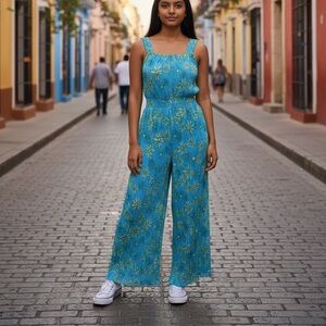 Zara Blue Floral Wide-Leg Jumpsuit